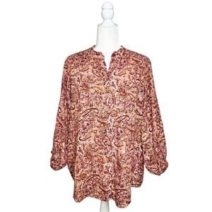 Fat face Paisley Print Peasant Blouse SZ Large Button Up Mandarin Collar Cotton